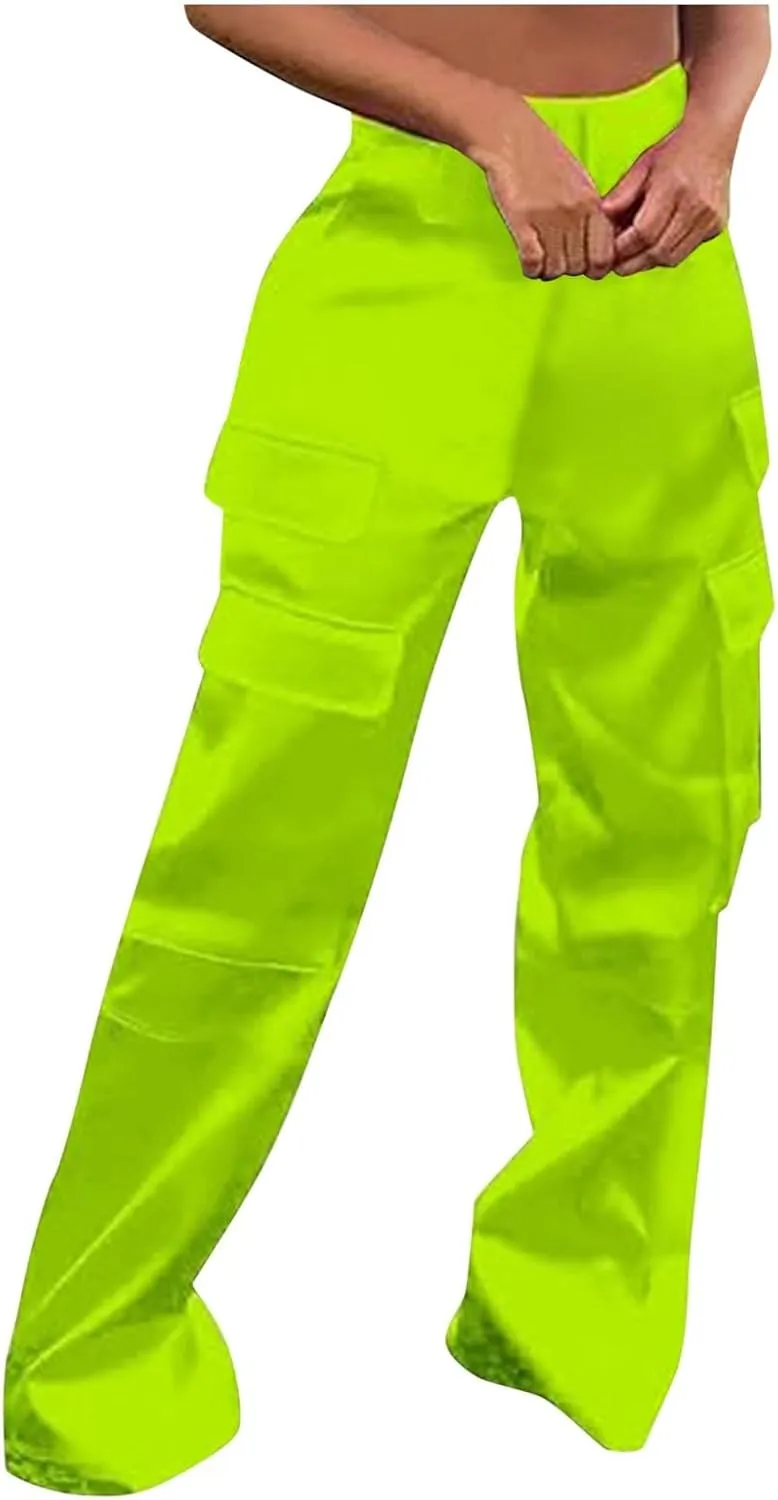 Women High Waisted Satin Cargo Pants Baggy Wide Leg Multi Pockets Pant Vintage Straight Trousers Y2k Streetwear