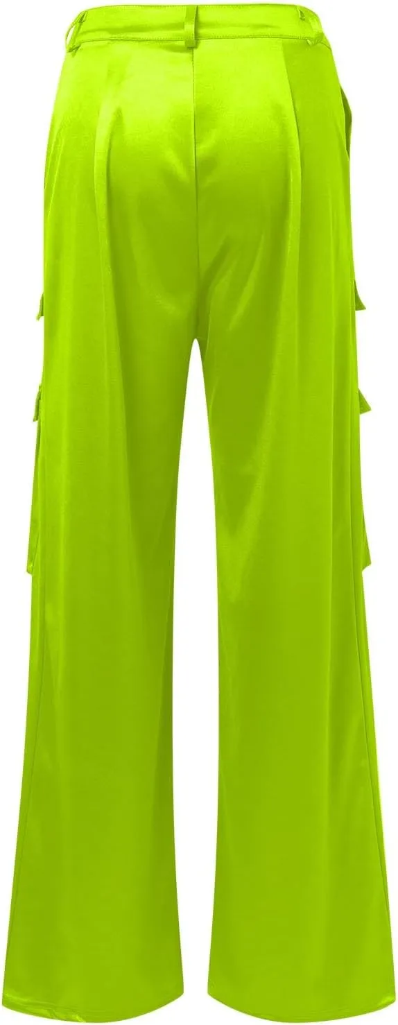 Women High Waisted Satin Cargo Pants Baggy Wide Leg Multi Pockets Pant Vintage Straight Trousers Y2k Streetwear