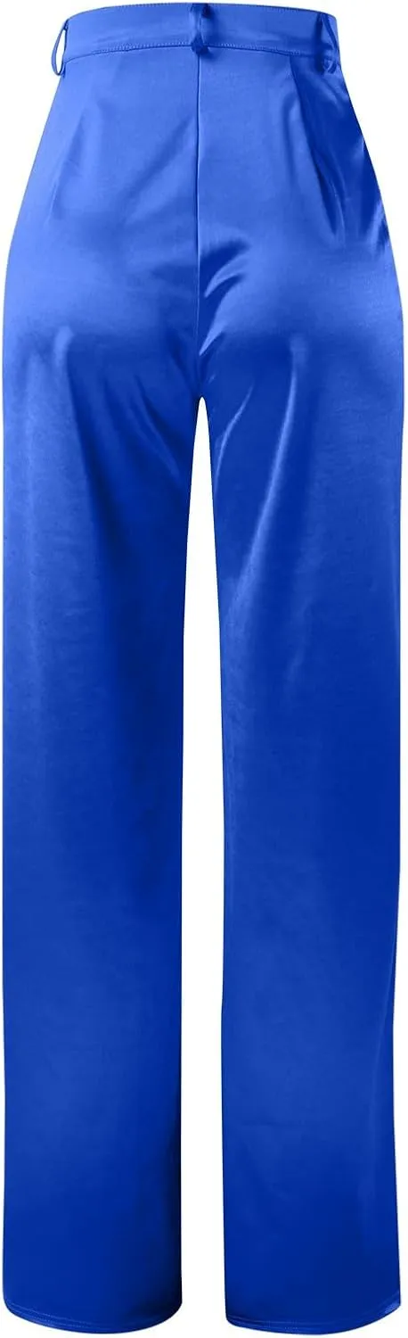 Women High Waisted Satin Cargo Pants Baggy Wide Leg Multi Pockets Pant Vintage Straight Trousers Y2k Streetwear