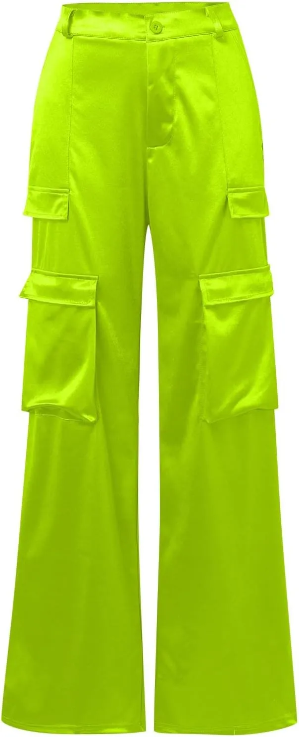 Women High Waisted Satin Cargo Pants Baggy Wide Leg Multi Pockets Pant Vintage Straight Trousers Y2k Streetwear