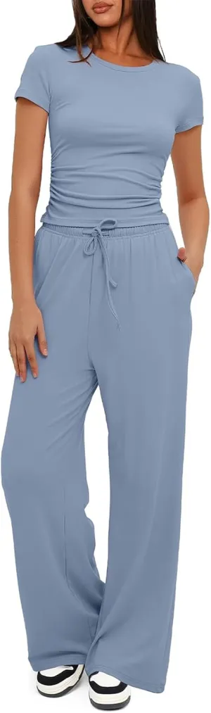 Women's 2 Piece Outfits Lounge Wear Sets Ruched Short Sleeve Tops High Waisted Tracksuit Casual Workout Sets