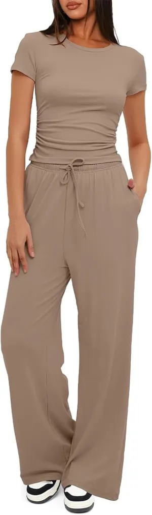 Women's 2 Piece Outfits Lounge Wear Sets Ruched Short Sleeve Tops High Waisted Tracksuit Casual Workout Sets