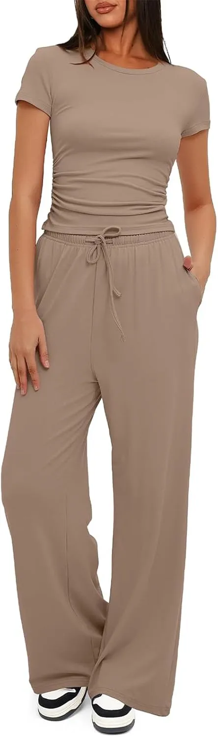 Women's 2 Piece Outfits Lounge Wear Sets Ruched Short Sleeve Tops High Waisted Tracksuit Casual Workout Sets