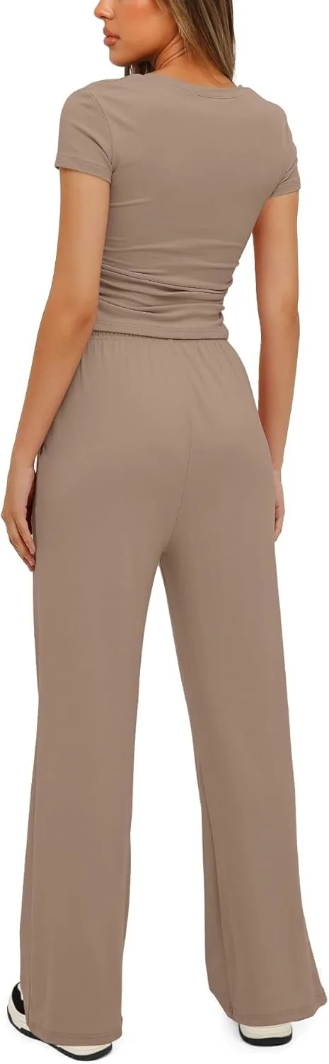 Women's 2 Piece Outfits Lounge Wear Sets Ruched Short Sleeve Tops High Waisted Tracksuit Casual Workout Sets