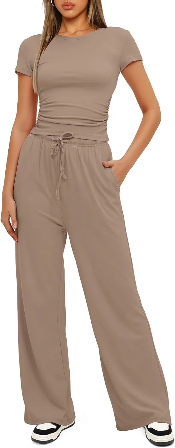 Women's 2 Piece Outfits Lounge Wear Sets Ruched Short Sleeve Tops High Waisted Tracksuit Casual Workout Sets