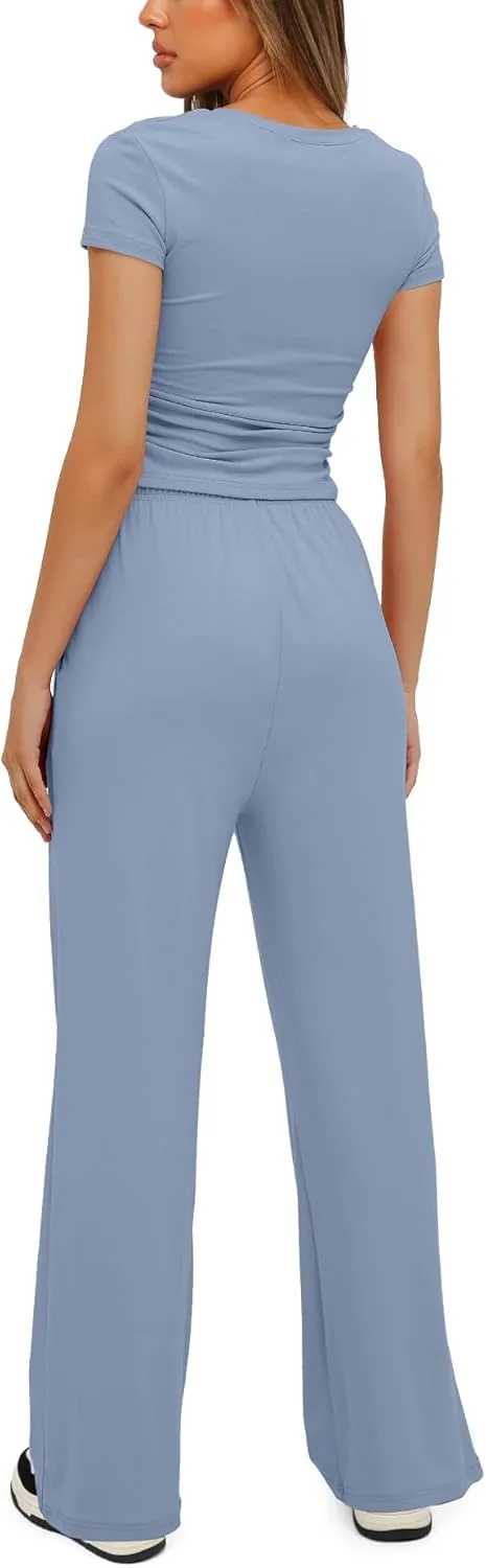 Women's 2 Piece Outfits Lounge Wear Sets Ruched Short Sleeve Tops High Waisted Tracksuit Casual Workout Sets