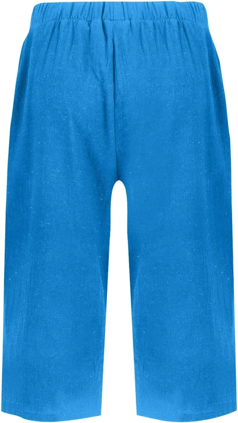 Women's Bermuda Shorts Cotton Linen Knee Length Shorts Casual Lightweight Summer Loose Beach Pants with Pockets