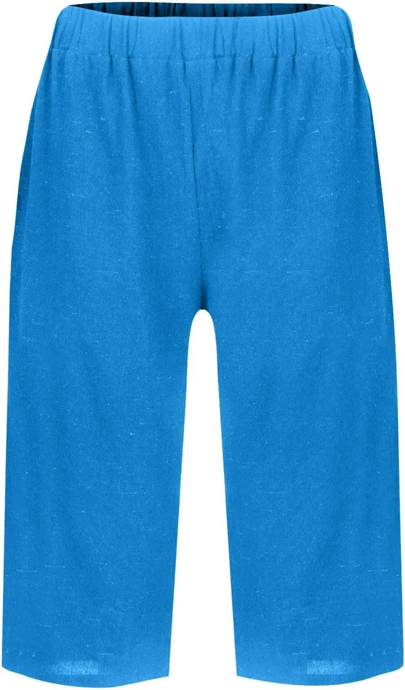 Women's Bermuda Shorts Cotton Linen Knee Length Shorts Casual Lightweight Summer Loose Beach Pants with Pockets