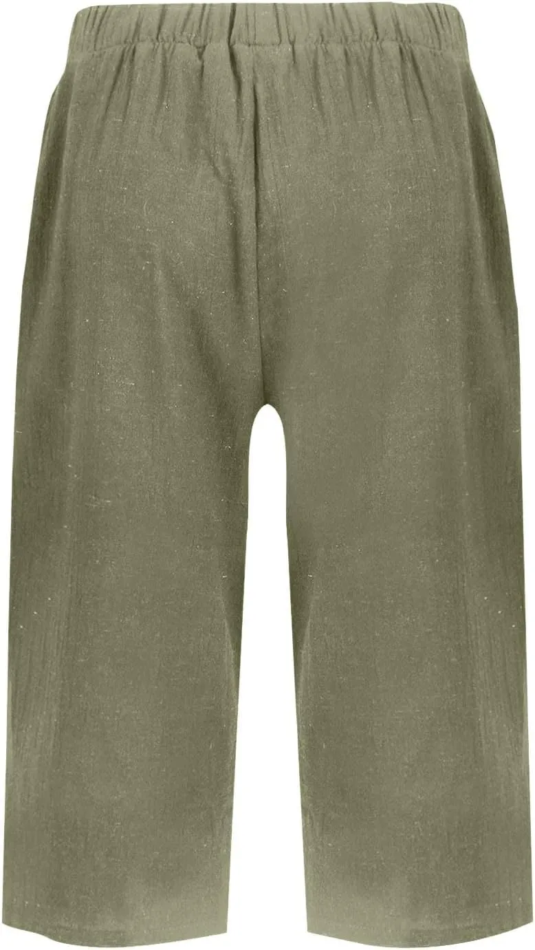 Women's Bermuda Shorts Cotton Linen Knee Length Shorts Casual Lightweight Summer Loose Beach Pants with Pockets