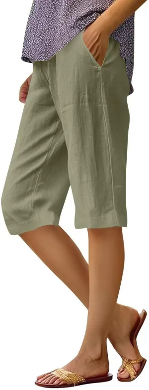 Women's Bermuda Shorts Cotton Linen Knee Length Shorts Casual Lightweight Summer Loose Beach Pants with Pockets