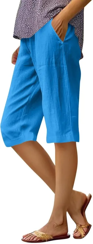 Women's Bermuda Shorts Cotton Linen Knee Length Shorts Casual Lightweight Summer Loose Beach Pants with Pockets