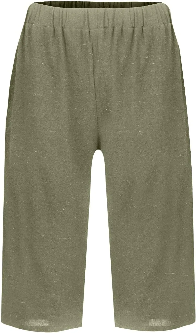 Women's Bermuda Shorts Cotton Linen Knee Length Shorts Casual Lightweight Summer Loose Beach Pants with Pockets