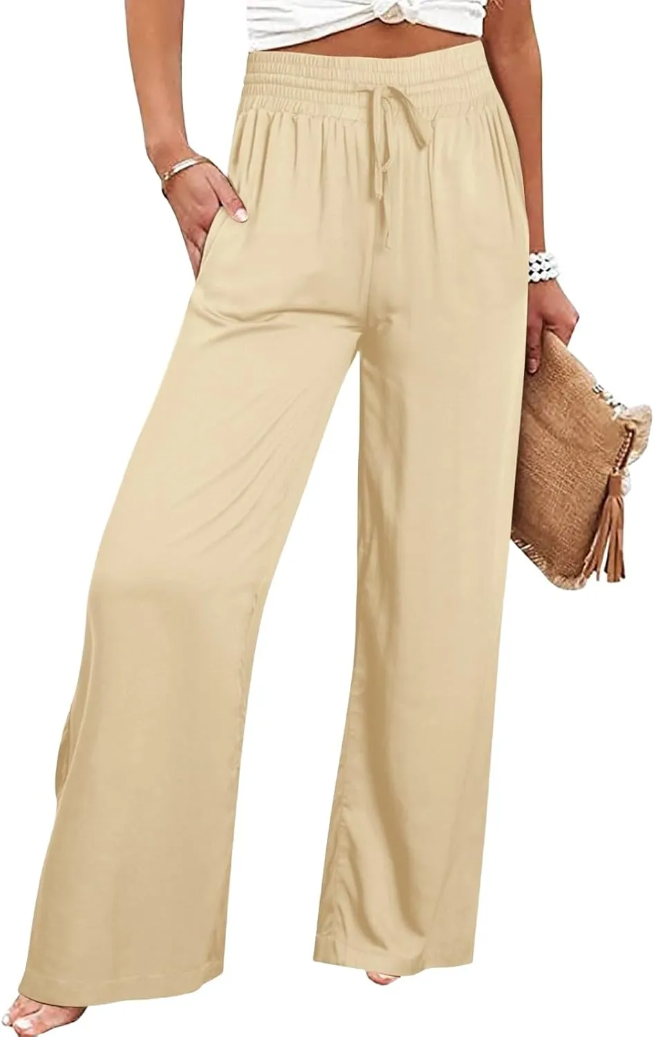 Womens Business Pants Fashion Dressy Wide Leg Work Pant Drawstring High Waisted Solid Color Loose Casual Trousers