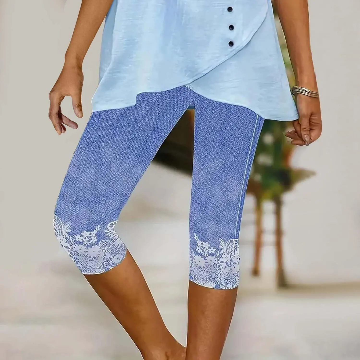 Womens Capri Leggings High Waisted Slim Fashion Floral Print Trousers Knee Length Comfy Stretch Yoga Cropped Pants