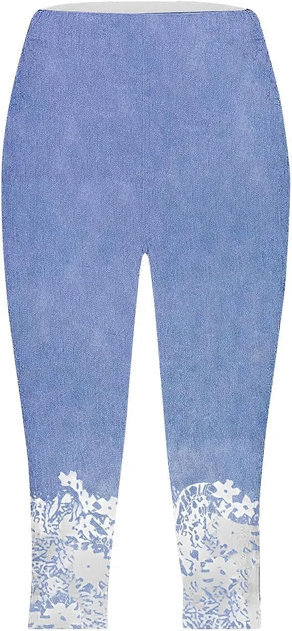 Womens Capri Leggings High Waisted Slim Fashion Floral Print Trousers Knee Length Comfy Stretch Yoga Cropped Pants