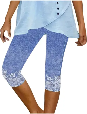 Womens Capri Leggings High Waisted Slim Fashion Floral Print Trousers Knee Length Comfy Stretch Yoga Cropped Pants