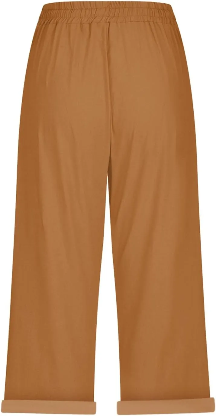Womens Capris for Summer Cotton Linen Elastic Seven Pants Beach Casual Pants Linen Drawstring Loose Fit Summer Pants