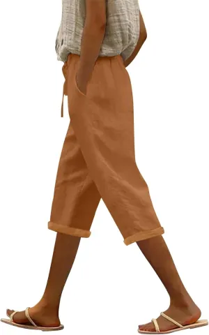 Womens Capris for Summer Cotton Linen Elastic Seven Pants Beach Casual Pants Linen Drawstring Loose Fit Summer Pants