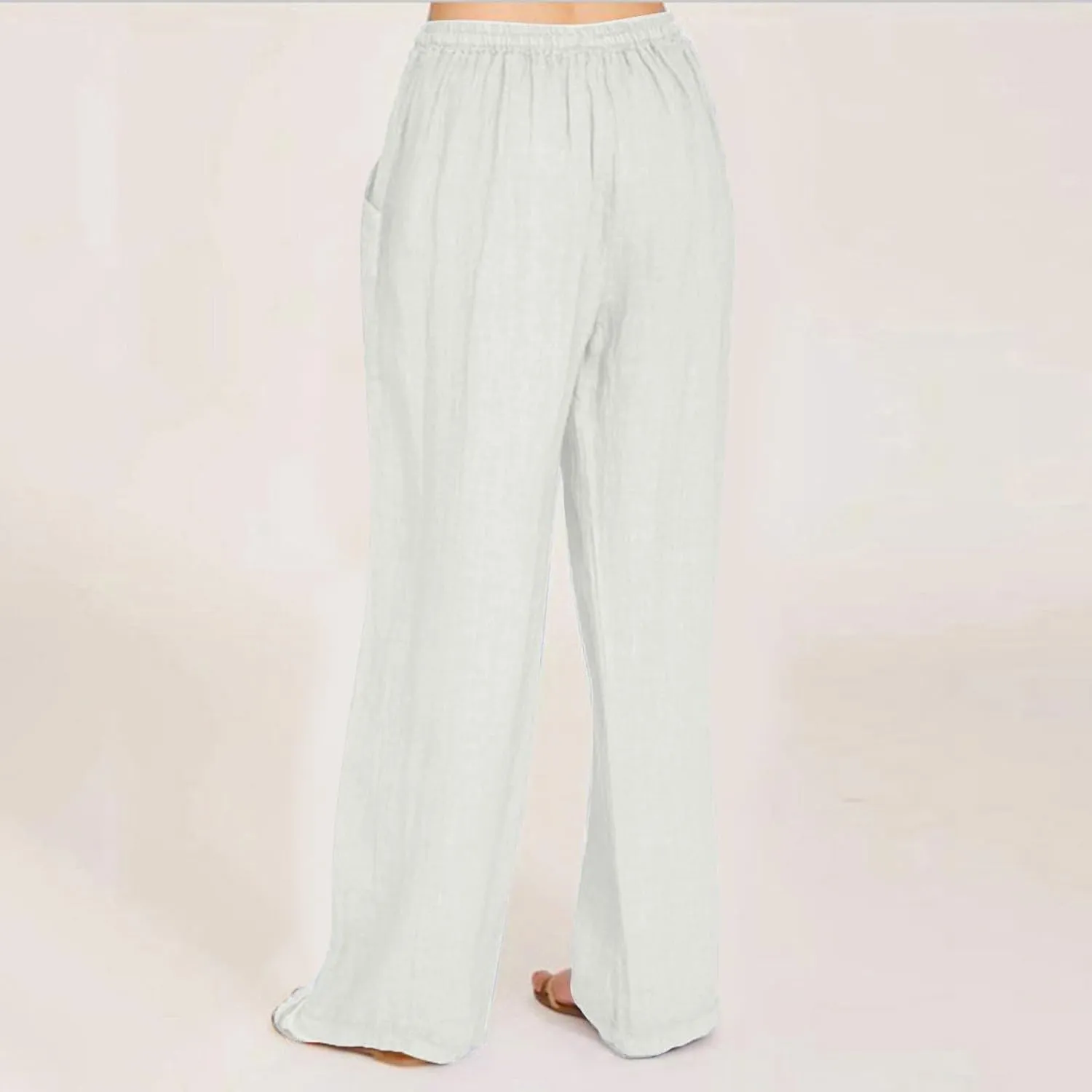Womens Linen Pants with Pockets Casual Loose Elastic Waist Vacation Palazzo Linen Capri Women