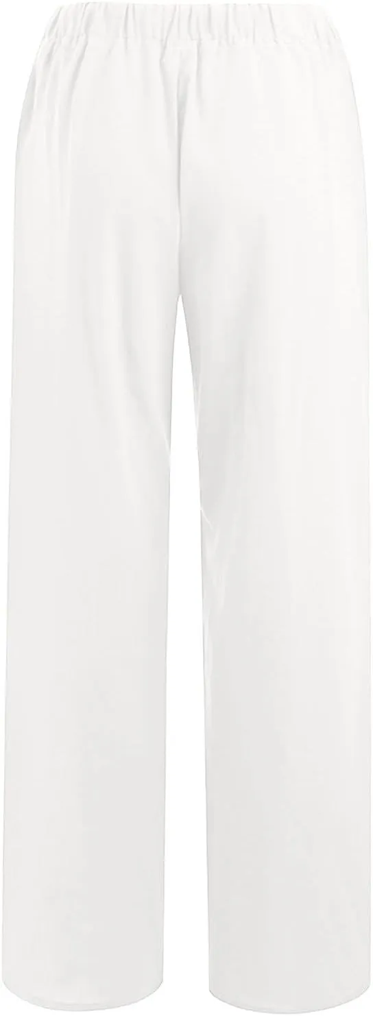 Womens Linen Pants with Pockets Casual Loose Elastic Waist Vacation Palazzo Linen Capri Women