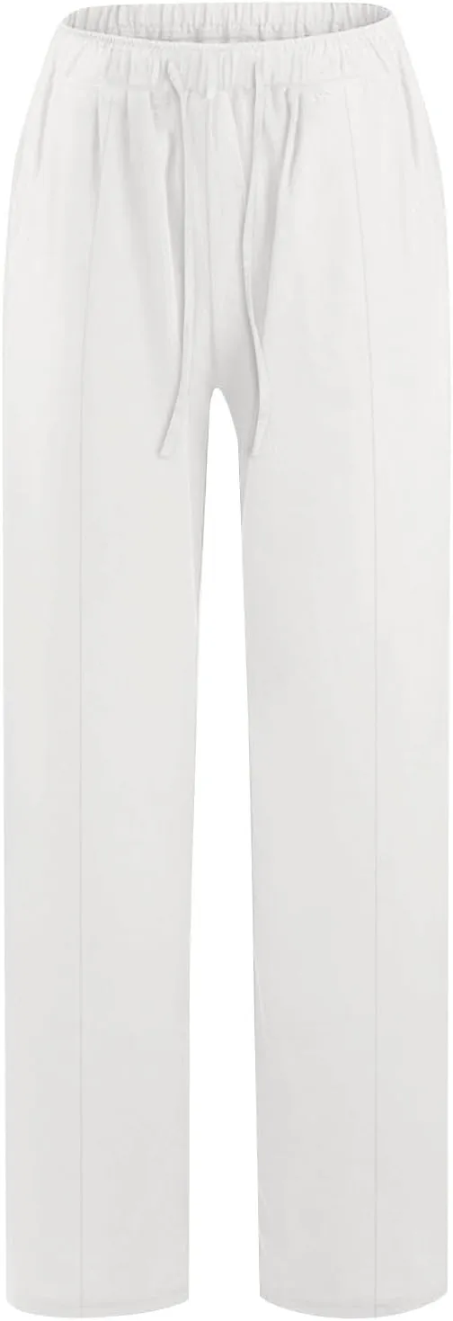 Womens Linen Pants with Pockets Casual Loose Elastic Waist Vacation Palazzo Linen Capri Women