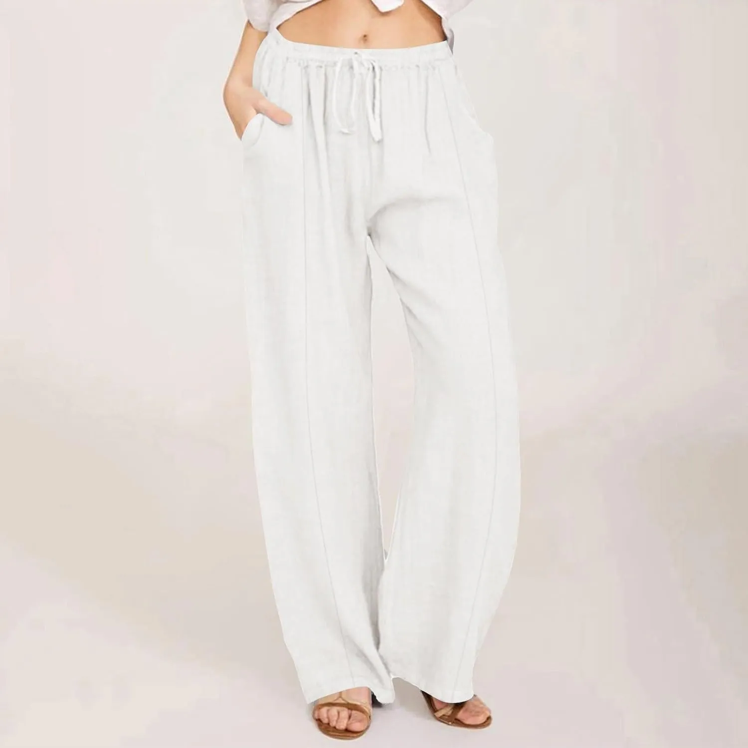 Womens Linen Pants with Pockets Casual Loose Elastic Waist Vacation Palazzo Linen Capri Women