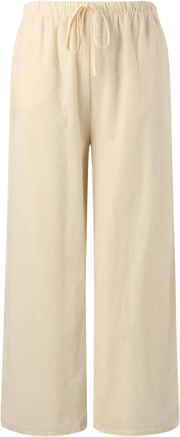 Women's Linen Summer Palazzo Pants Flowy Cotton Drawstring Trousers Vacation Wide Leg Beach Pants with Pockets