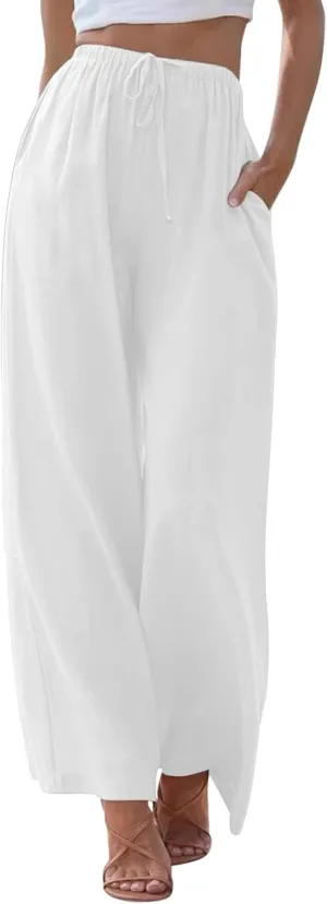 Women's Linen Summer Palazzo Pants Flowy Cotton Drawstring Trousers Vacation Wide Leg Beach Pants with Pockets