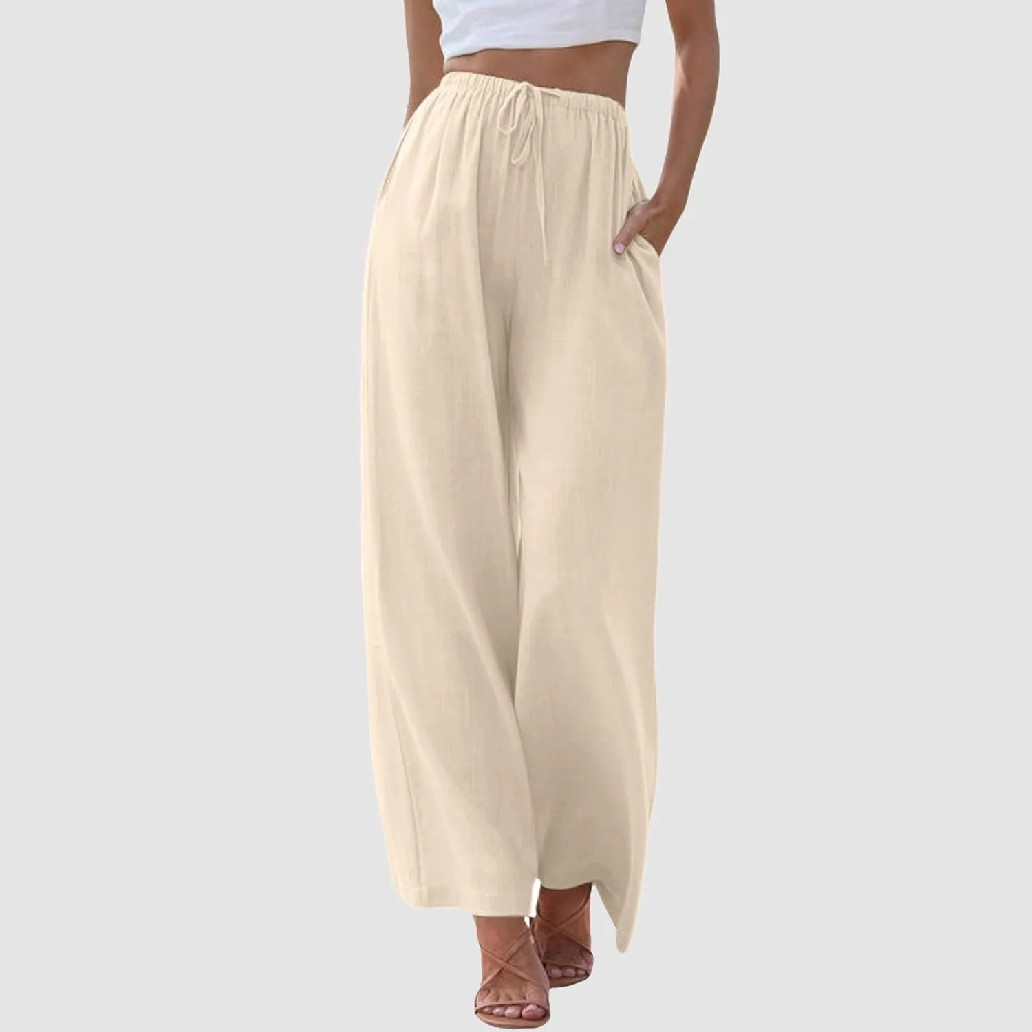 Women's Linen Summer Palazzo Pants Flowy Cotton Drawstring Trousers Vacation Wide Leg Beach Pants with Pockets