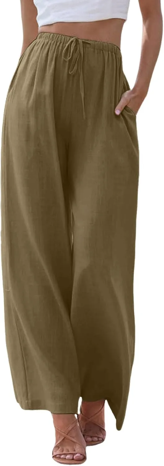 Women's Linen Summer Palazzo Pants Flowy Cotton Drawstring Trousers Vacation Wide Leg Beach Pants with Pockets