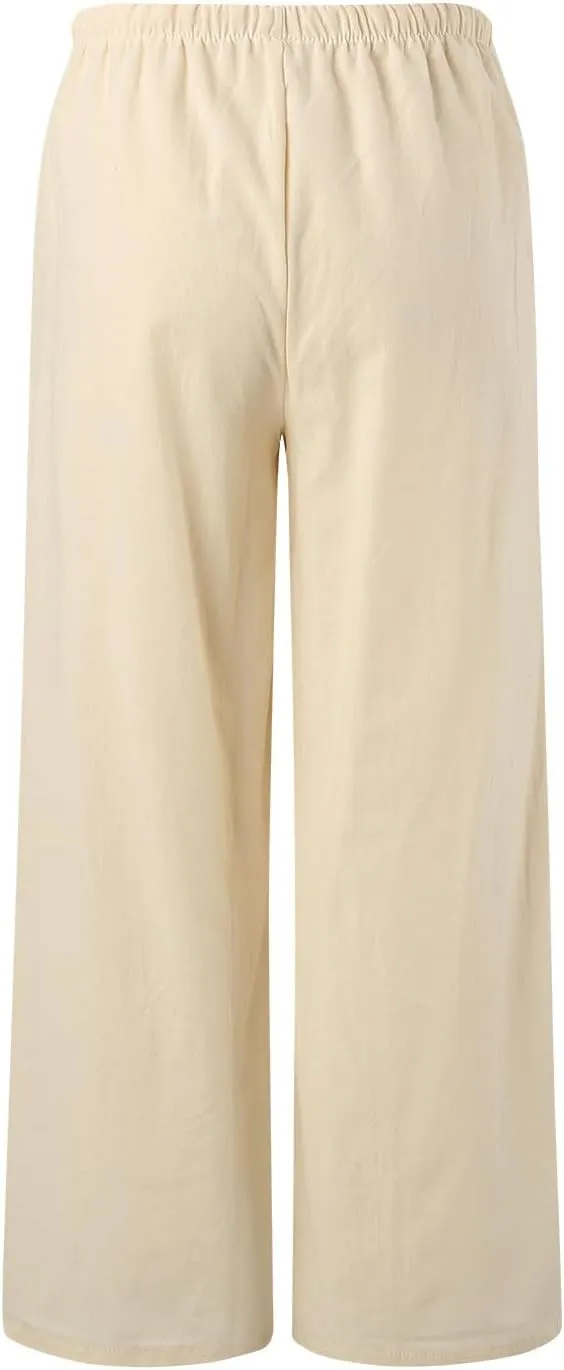 Women's Linen Summer Palazzo Pants Flowy Cotton Drawstring Trousers Vacation Wide Leg Beach Pants with Pockets