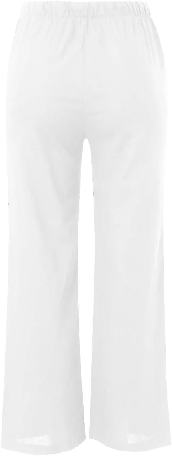 Women's Linen Summer Palazzo Pants Flowy Cotton Drawstring Trousers Vacation Wide Leg Beach Pants with Pockets