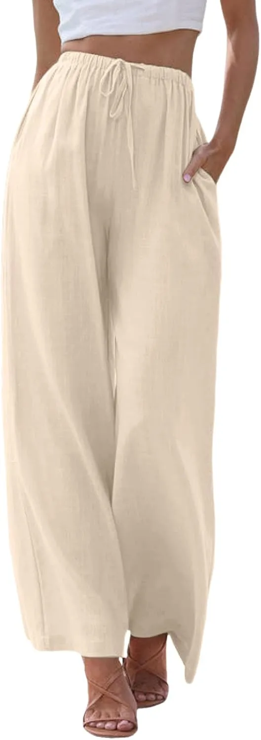 Women's Linen Summer Palazzo Pants Flowy Cotton Drawstring Trousers Vacation Wide Leg Beach Pants with Pockets