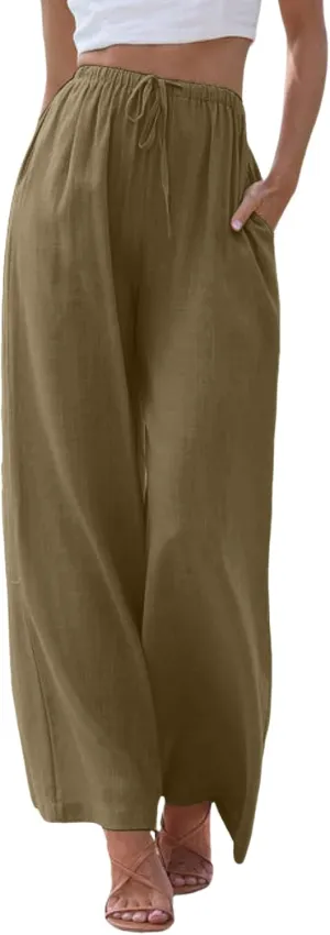 Women's Linen Summer Palazzo Pants Flowy Cotton Drawstring Trousers Vacation Wide Leg Beach Pants with Pockets