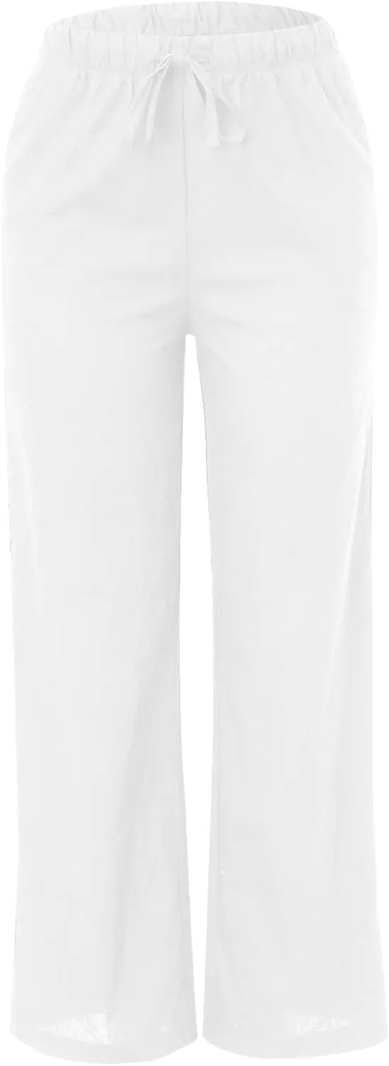 Women's Linen Summer Palazzo Pants Flowy Cotton Drawstring Trousers Vacation Wide Leg Beach Pants with Pockets