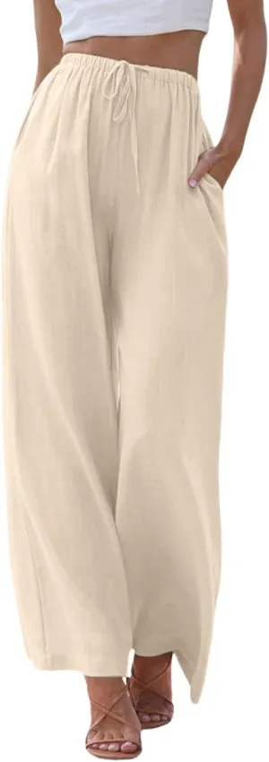 Women's Linen Summer Palazzo Pants Flowy Cotton Drawstring Trousers Vacation Wide Leg Beach Pants with Pockets