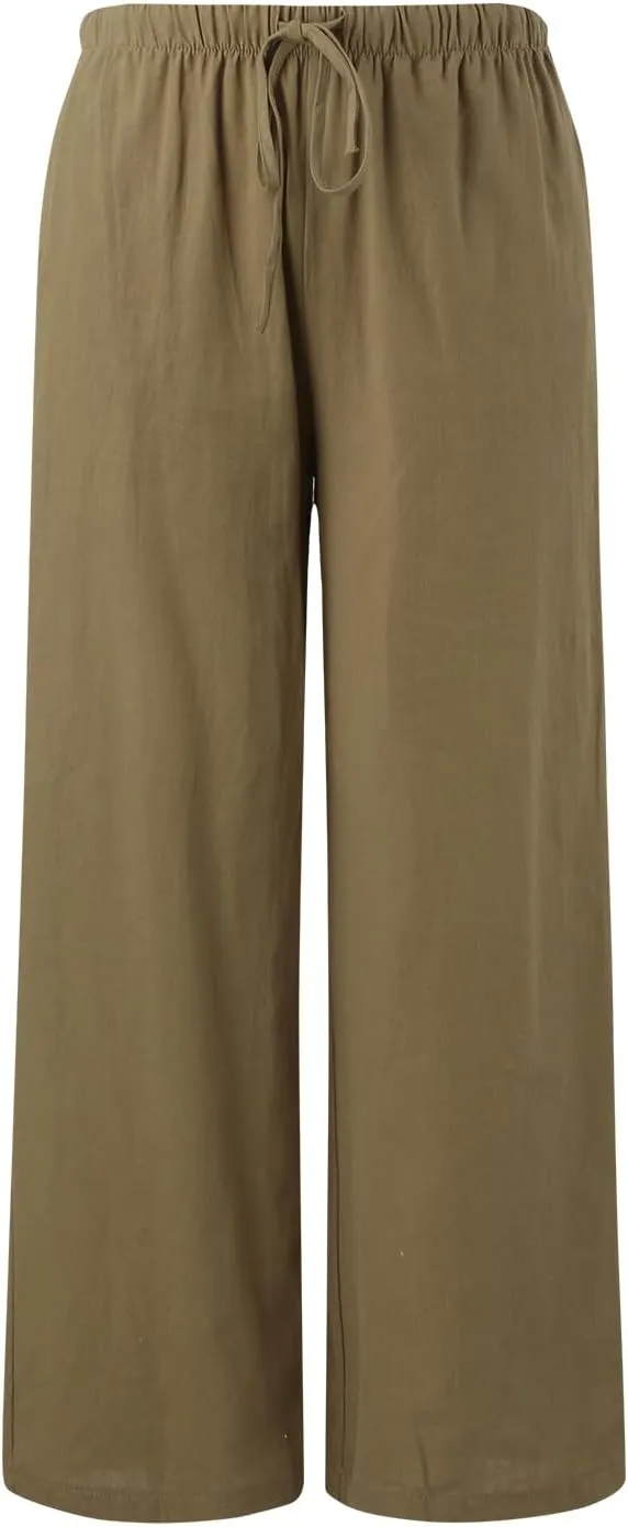 Women's Linen Summer Palazzo Pants Flowy Cotton Drawstring Trousers Vacation Wide Leg Beach Pants with Pockets