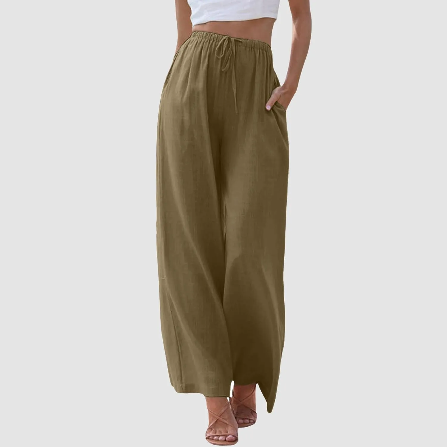 Women's Linen Summer Palazzo Pants Flowy Cotton Drawstring Trousers Vacation Wide Leg Beach Pants with Pockets