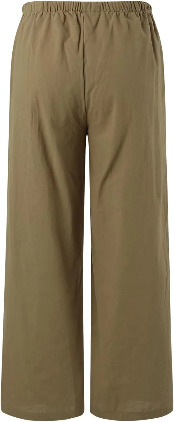 Women's Linen Summer Palazzo Pants Flowy Cotton Drawstring Trousers Vacation Wide Leg Beach Pants with Pockets