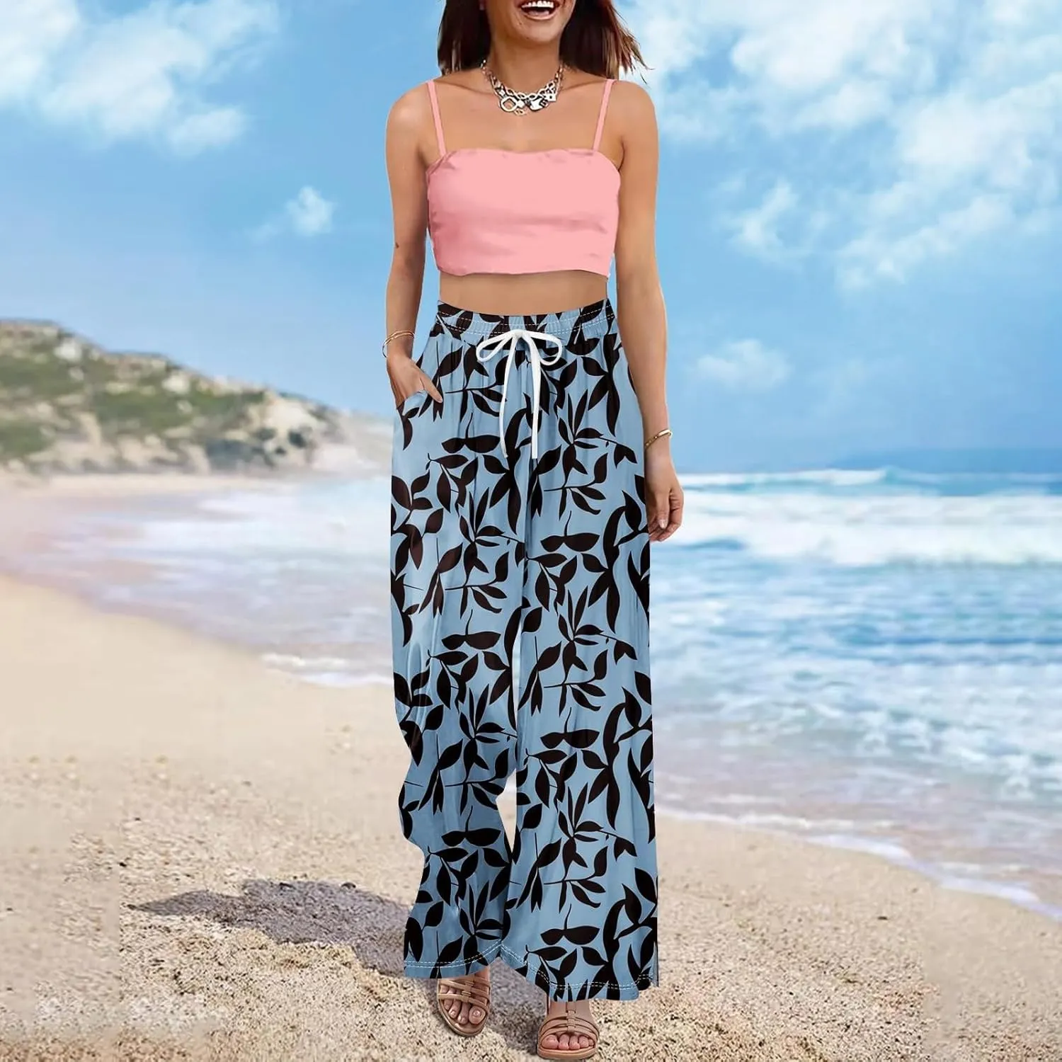 Womens Palazzo Pants Summer Boho Wide Leg Trousers Petite Casual High Waist Flowy Pant 2025 Beach Vacation Outfits