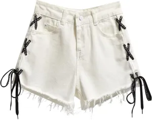 Women's Raw Hem Jeans Shorts Refined Raw Edge Chic Big Hem High Waisted Loose Fit Shorts with Pockets Outside Walking
