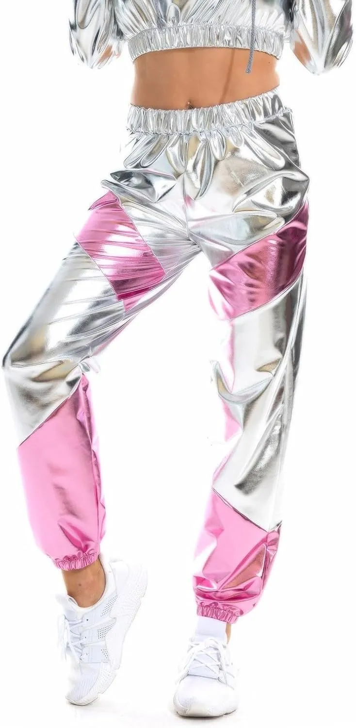 Womens Shiny Metallic High Waist Stretchy Jogger Pants, Wet Look Hip Hop Club Wear Holographic Trousers Sweatpant
