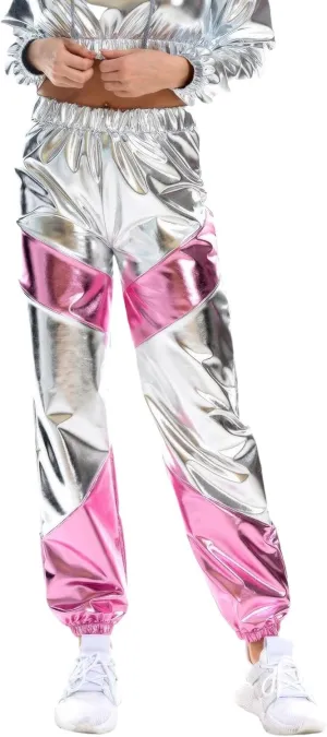Womens Shiny Metallic High Waist Stretchy Jogger Pants, Wet Look Hip Hop Club Wear Holographic Trousers Sweatpant
