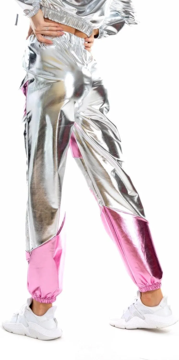 Womens Shiny Metallic High Waist Stretchy Jogger Pants, Wet Look Hip Hop Club Wear Holographic Trousers Sweatpant