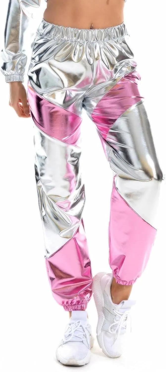 Womens Shiny Metallic High Waist Stretchy Jogger Pants, Wet Look Hip Hop Club Wear Holographic Trousers Sweatpant