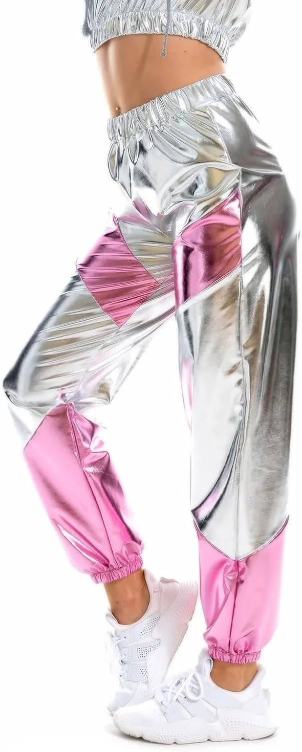 Womens Shiny Metallic High Waist Stretchy Jogger Pants, Wet Look Hip Hop Club Wear Holographic Trousers Sweatpant