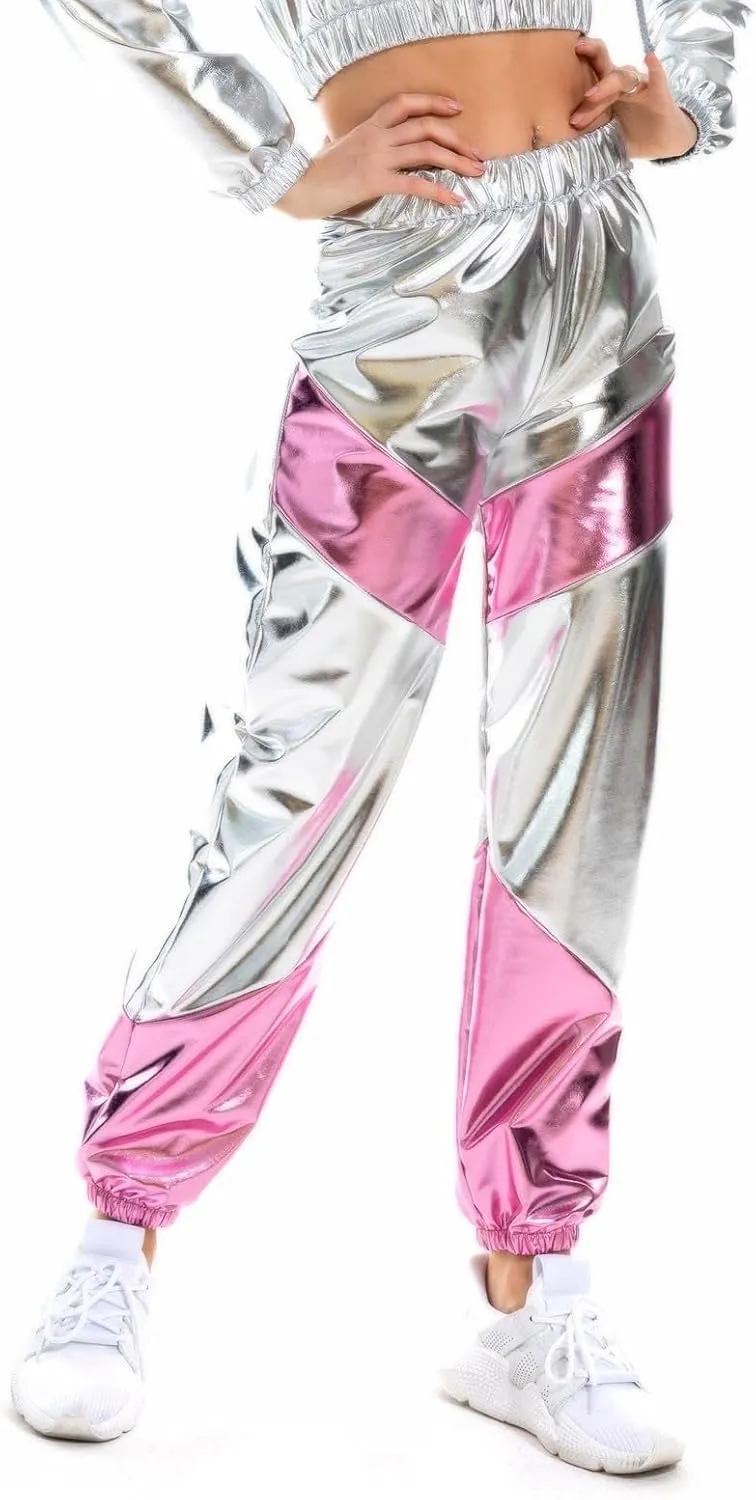 Womens Shiny Metallic High Waist Stretchy Jogger Pants, Wet Look Hip Hop Club Wear Holographic Trousers Sweatpant