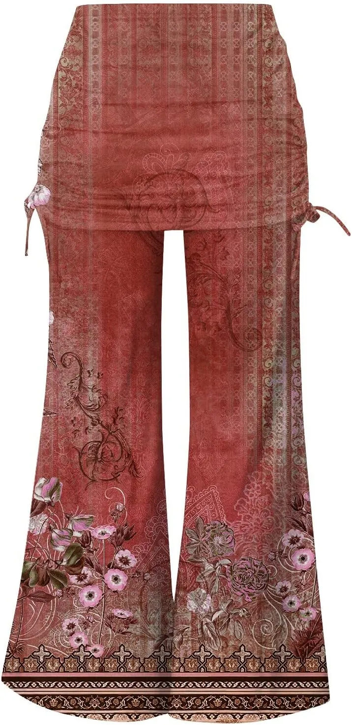 Women's Summer Vintage Print Wide Leg Pants Casual Flared Drawstring Trousers Elastic High Waist Palazzo Pants