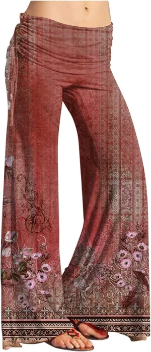 Women's Summer Vintage Print Wide Leg Pants Casual Flared Drawstring Trousers Elastic High Waist Palazzo Pants