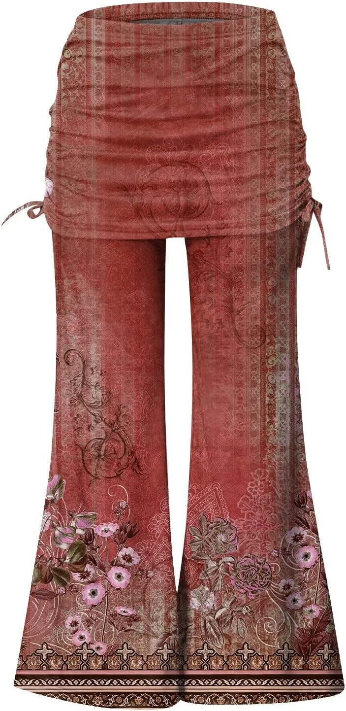 Women's Summer Vintage Print Wide Leg Pants Casual Flared Drawstring Trousers Elastic High Waist Palazzo Pants